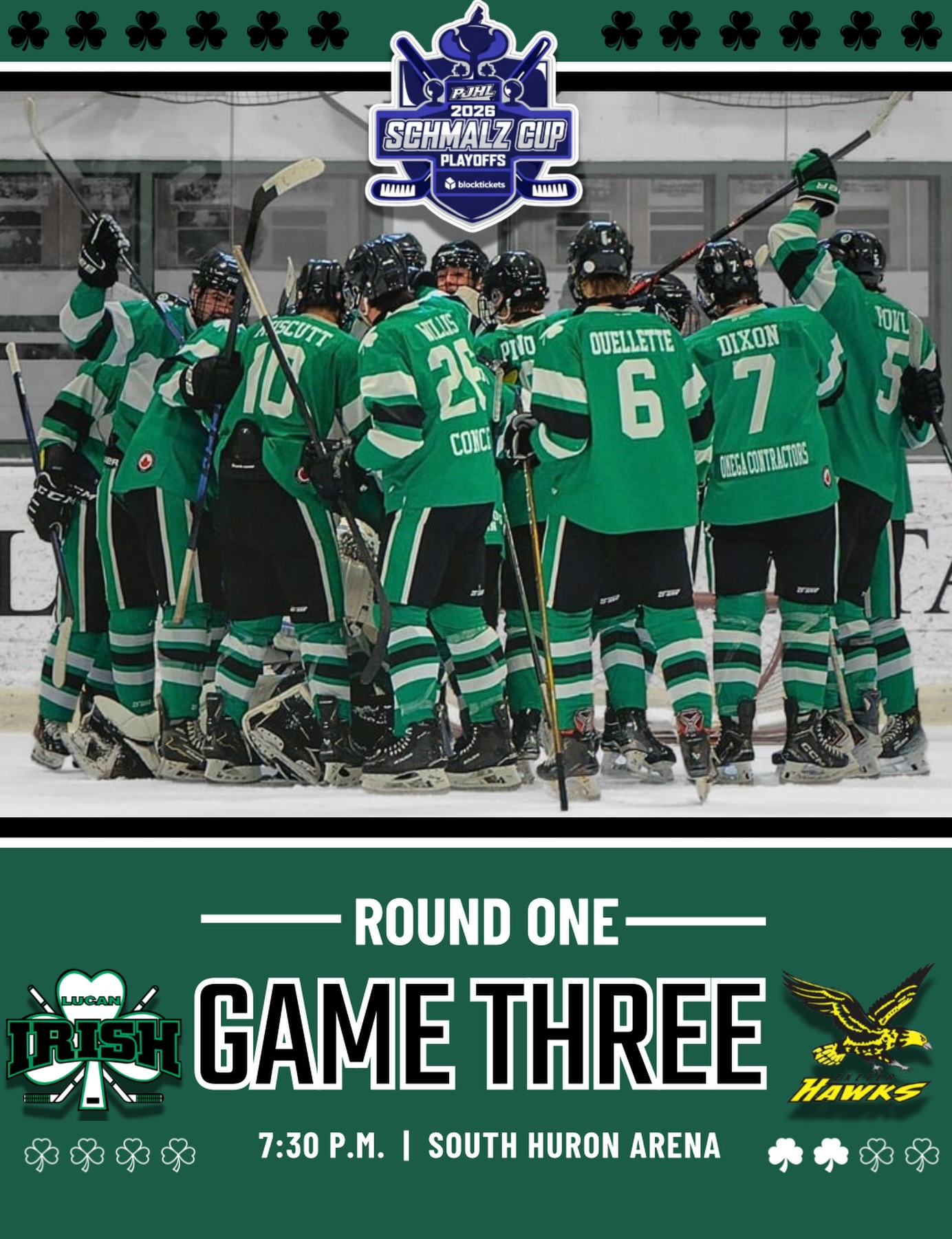 Round One. Game Three. ☘️

The series rolls on as we hit the road tonight.

📍 South Huron Arena
Warmups: 7:00 p.m.
Puck Drop: 7:30 p.m.

Playoff hockey. Nothing comes easy.

#beirish☘️ 

@lucan.irish.jr.hockey.prez 
@lucanirish.agm.scout 
@exeterhawks 
@pjhl_official