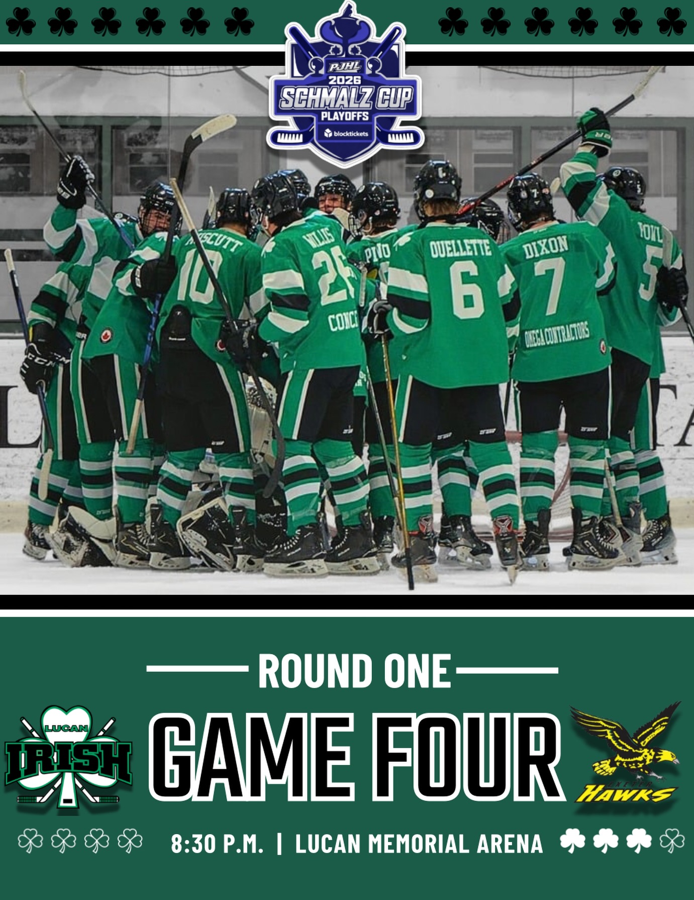 Game Four is here. ☘️

Round One rolls on tomorrow night.

📍 Lucan Memorial Arena
Warmups: 8:00 P.M. 
Puck Drop: 8:30 P.M.

Big game. Big atmosphere.

We’re excited to welcome special guest anthem singer Matt Saddler to kick things off, make sure you’re in your seats early for this one.

See you tomorrow. ☘️

#beirish☘️ 

@lucan.irish.jr.hockey.prez 
@lucanirish.agm.scout 
@exeterhawks 
@lucanminorhockey 
@lucanskatingclub 
@ausablevalleyhockey 
@pjhl_official