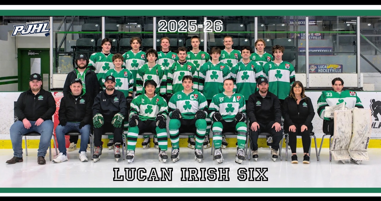 From all of us with the Irish Six, a special thank you to the Lucan Community Memorial Centre operations staff and management for their continued support in helping make junior hockey possible in Lucan. Your work behind the scenes plays a big role in keeping our team running smoothly!

We would also like to extend a thank you to this year’s leadership group for their dedication, commitment, and the example they set both on and off the ice.

Missing from photo: Joshua Sandy, Brady Hutton, Eric Li, Chase Ellis, Noah Blitstein, Dan Cabral (Trainer), Taylor Richmond (Trainer), and Grant McNair (Trainer).

Congratulations to trainer Dan Cabral and his family on the arrival of their new baby girl! 

#beirish☘️ 

@lucan.irish.jr.hockey.prez 
@lucanirish.agm.scout 
@lucanskatingclub 
@lucanminorhockey 
@ausablevalleyhockey 
@pjhl_official 
@discoverlucanbiddulph