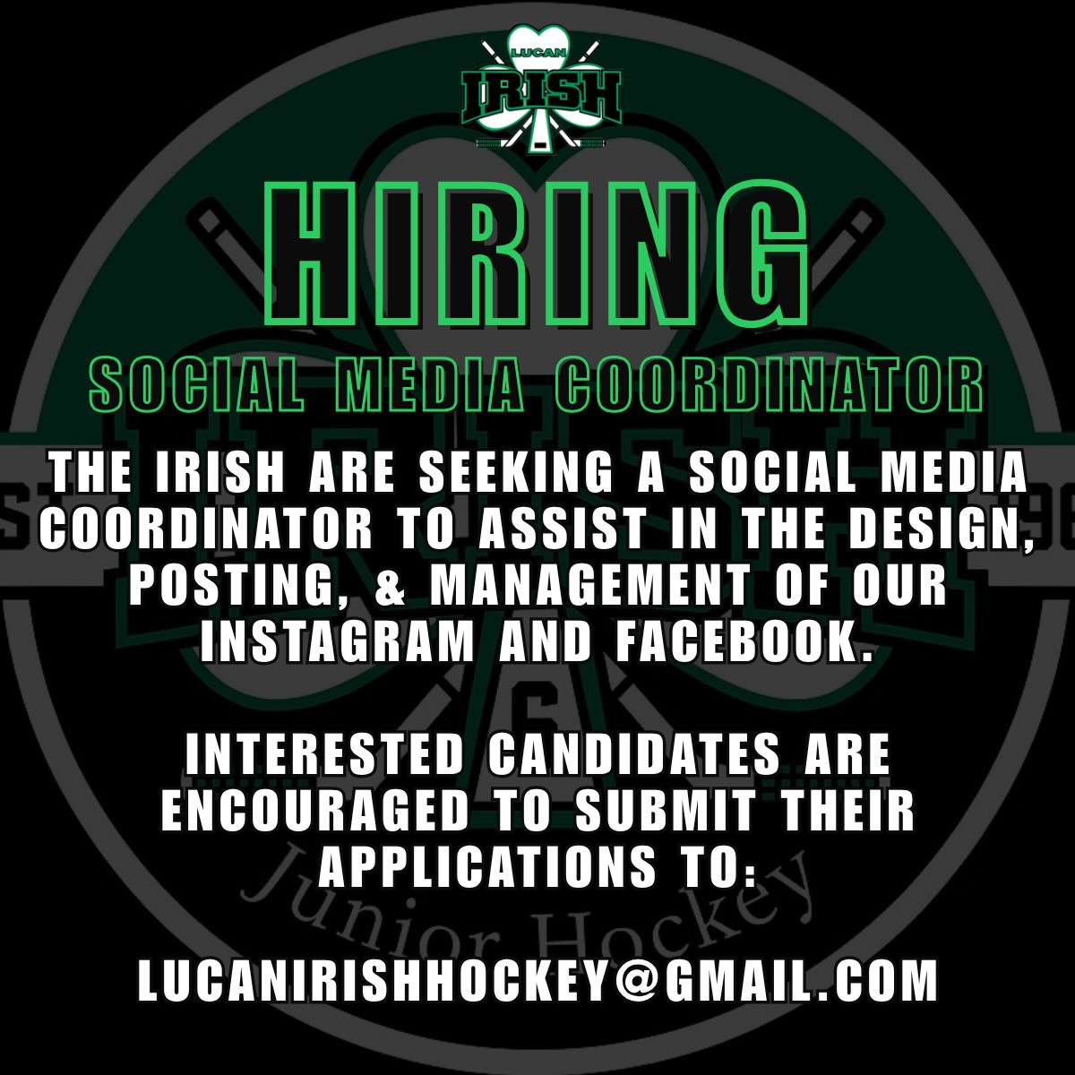Come and work with the Irish this season! All interested candidates are encouraged to reach out to lucanirishhockey@gmail.com