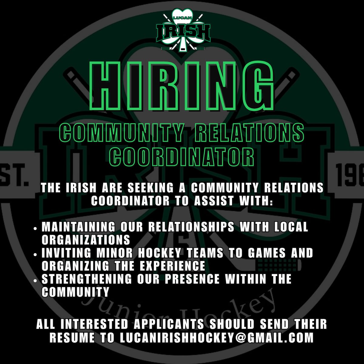 Come join the Irish this year and be part of the fun! All interested applicants should send their resume to lucanirishhockey@gmail.com